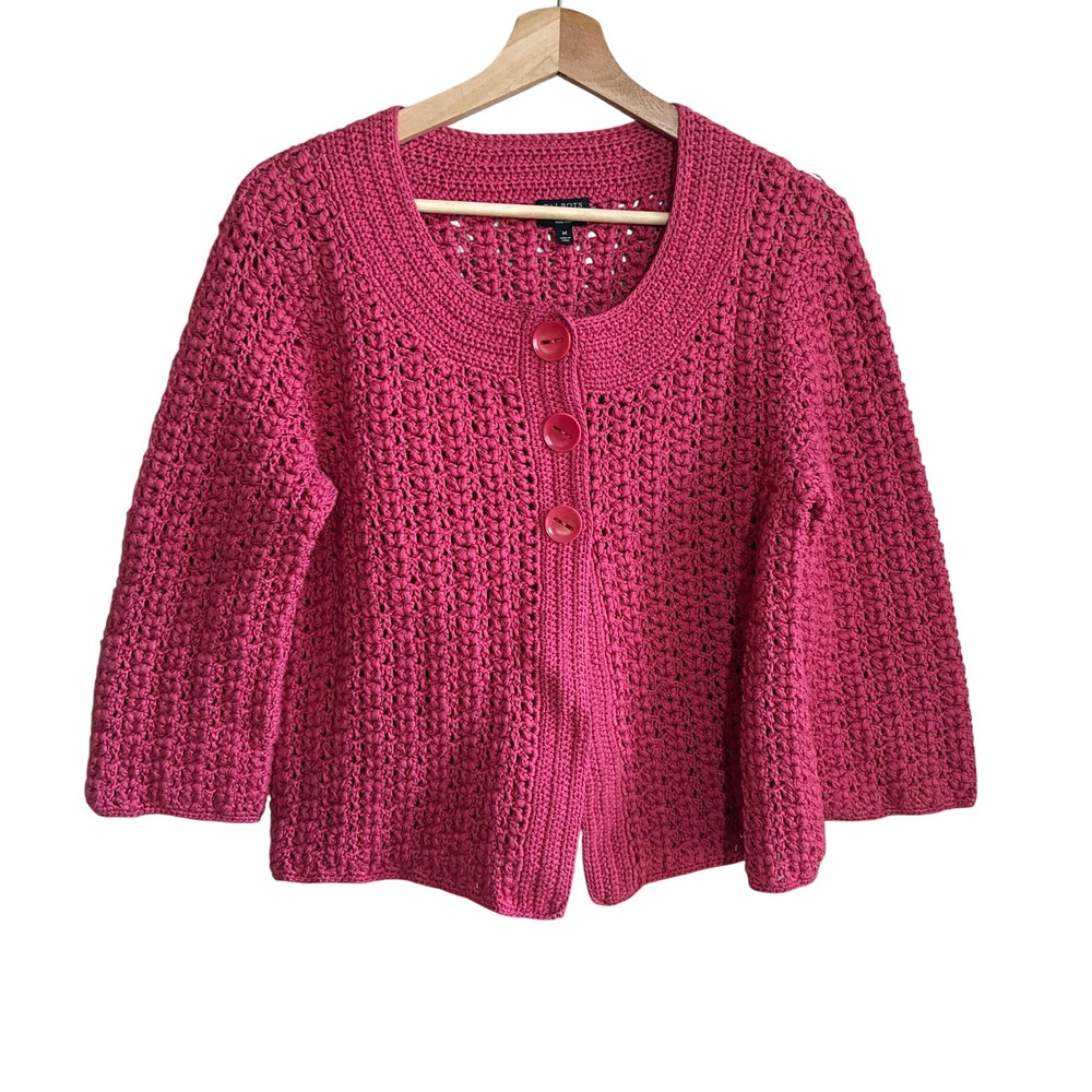 Talbots Vintage Hand-Knit Cardigan Sweater Medium Pink Womens Mercerized Cotton